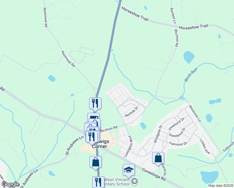 map of restaurants, bars, coffee shops, grocery stores, and more near 218 Hanover Court in Glenmoore