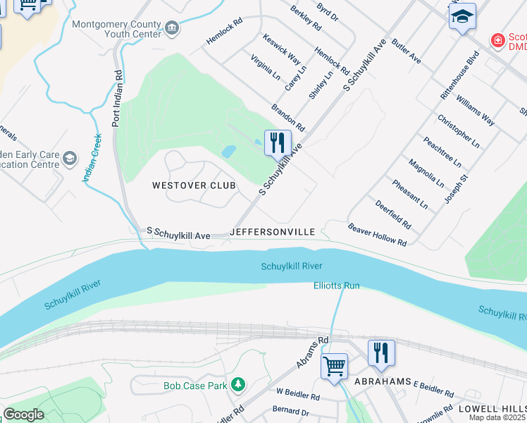 map of restaurants, bars, coffee shops, grocery stores, and more near 103 Riversedge Drive in Norristown