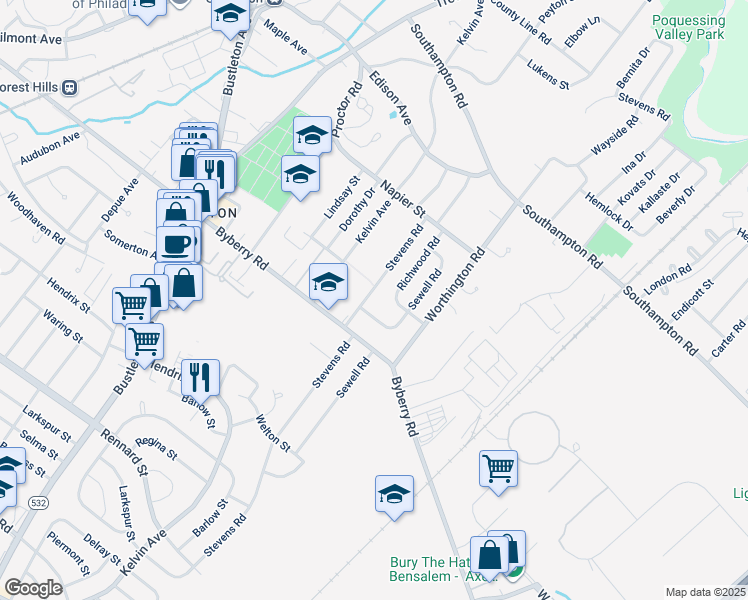 map of restaurants, bars, coffee shops, grocery stores, and more near 13017 Stevens Road in Philadelphia