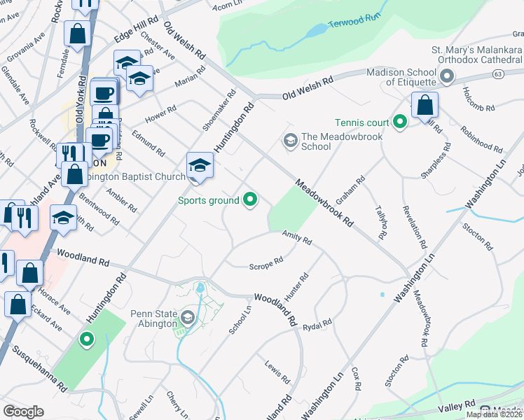 map of restaurants, bars, coffee shops, grocery stores, and more near 1626 Sherwood Road in Rydal