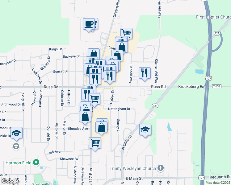 map of restaurants, bars, coffee shops, grocery stores, and more near 309 Oxford Drive in Greenville