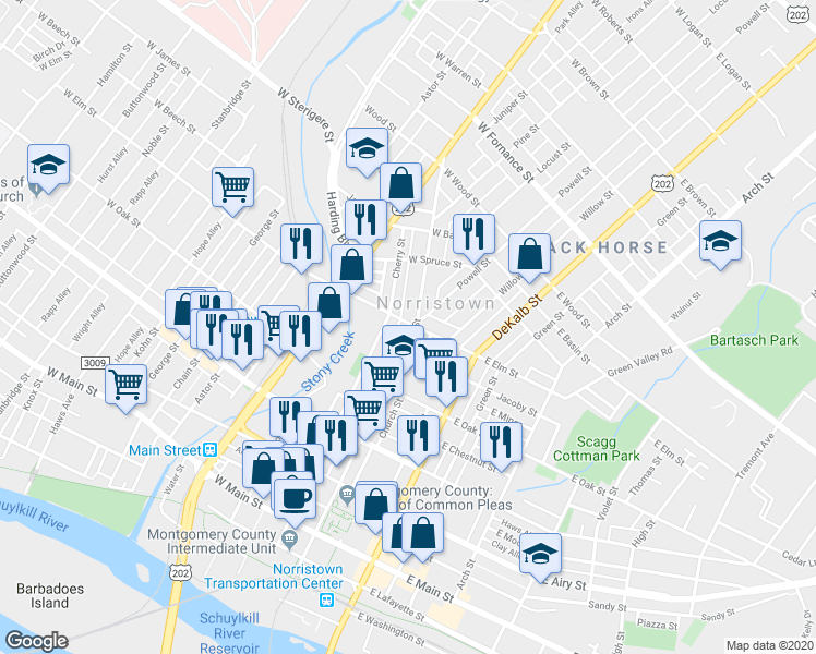 map of restaurants, bars, coffee shops, grocery stores, and more near 921 Swede Street in Norristown