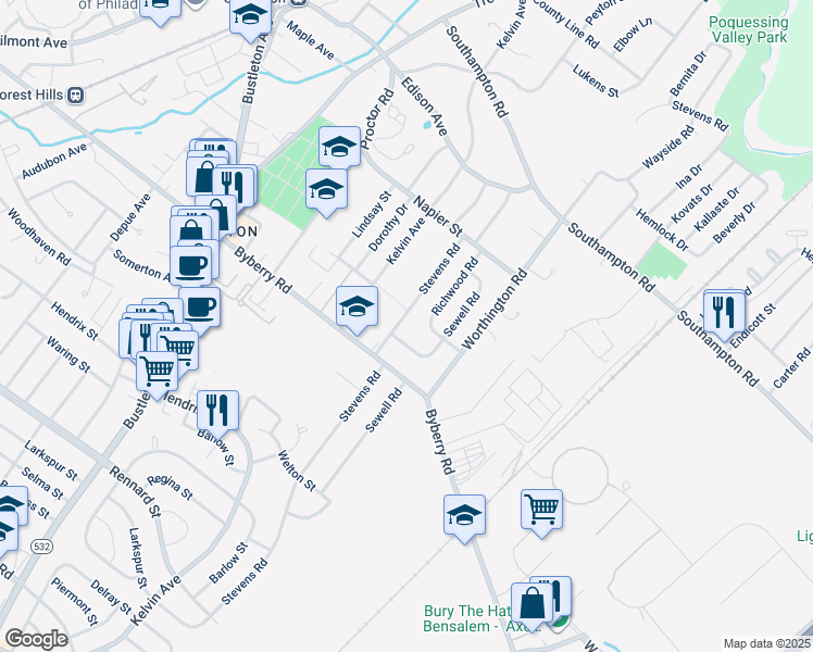 map of restaurants, bars, coffee shops, grocery stores, and more near 13017 Stevens Road in Philadelphia