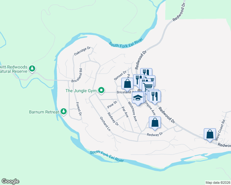 map of restaurants, bars, coffee shops, grocery stores, and more near 372-378 Par Ave in Redway