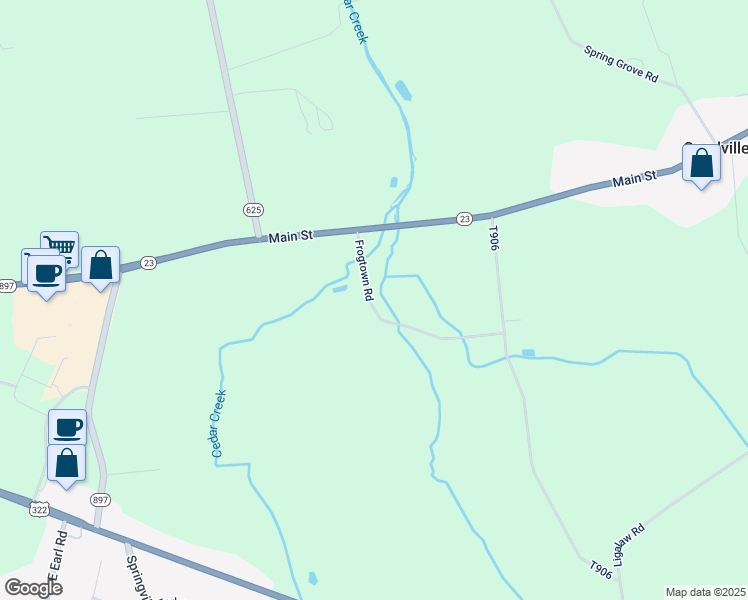 map of restaurants, bars, coffee shops, grocery stores, and more near 117 Frogtown Road in East Earl