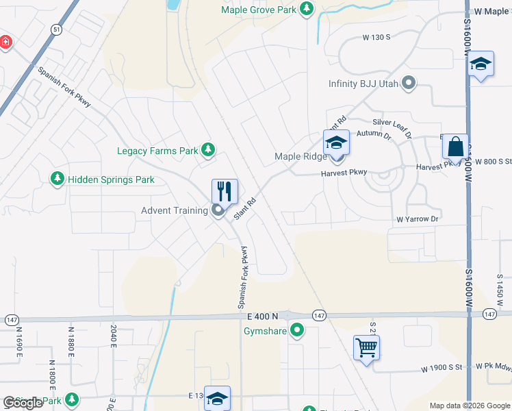 map of restaurants, bars, coffee shops, grocery stores, and more near 6201-6227 Slant Road in Springville