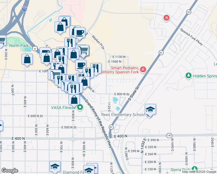 map of restaurants, bars, coffee shops, grocery stores, and more near 835 1120 East in Spanish Fork