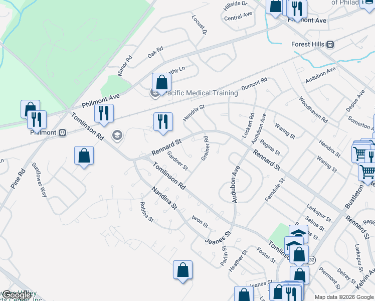 map of restaurants, bars, coffee shops, grocery stores, and more near 116 Rennard Place in Philadelphia