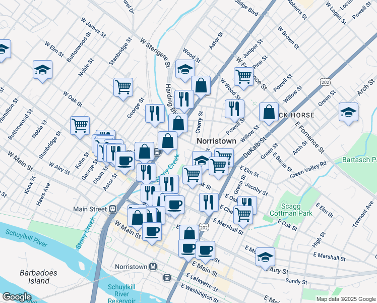 map of restaurants, bars, coffee shops, grocery stores, and more near in Norristown