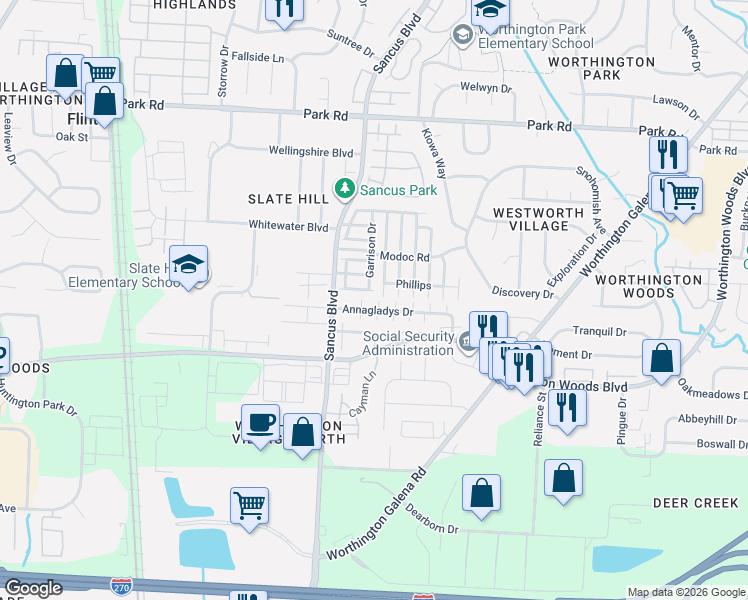 map of restaurants, bars, coffee shops, grocery stores, and more near 861 Annagladys Drive in Columbus
