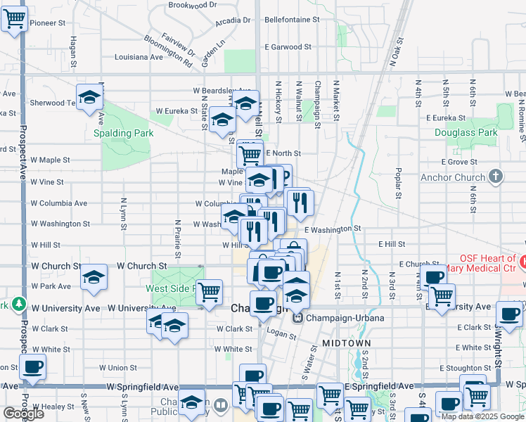 map of restaurants, bars, coffee shops, grocery stores, and more near 518 North Neil Street in Champaign