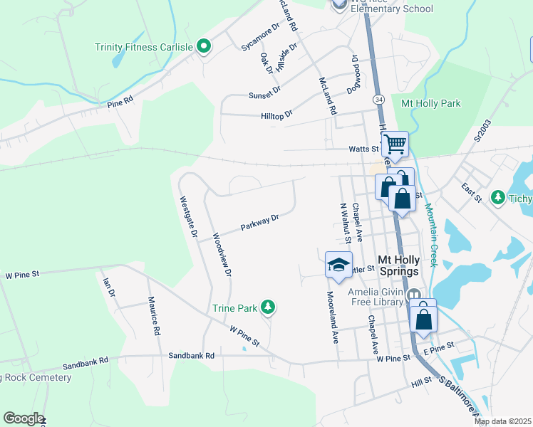 map of restaurants, bars, coffee shops, grocery stores, and more near 221 Parkway Drive in Mount Holly Springs