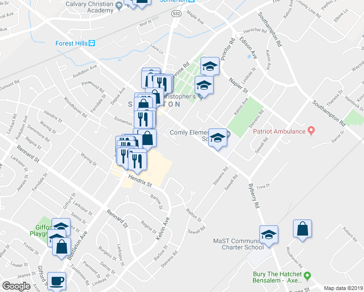 map of restaurants, bars, coffee shops, grocery stores, and more near 770 Byberry Road in Philadelphia