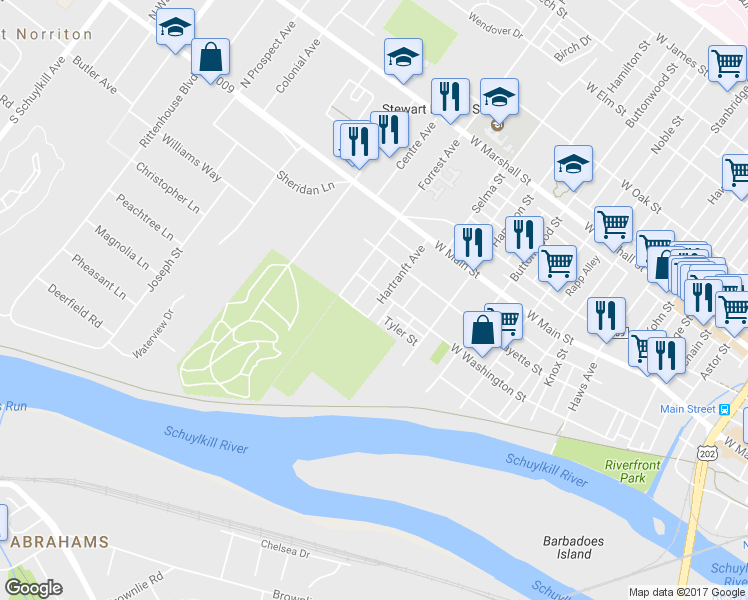 map of restaurants, bars, coffee shops, grocery stores, and more near 23 Hartranft Avenue in Norristown