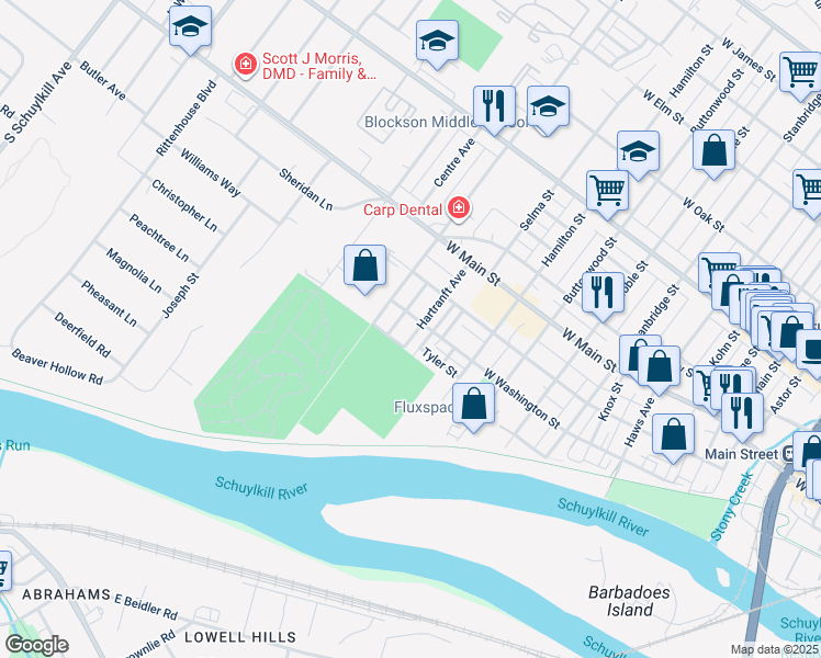 map of restaurants, bars, coffee shops, grocery stores, and more near 23 Hartranft Avenue in Norristown