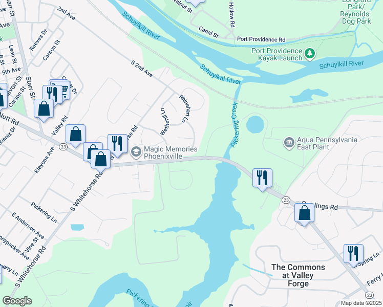 map of restaurants, bars, coffee shops, grocery stores, and more near 914 Biddle Lane in Phoenixville