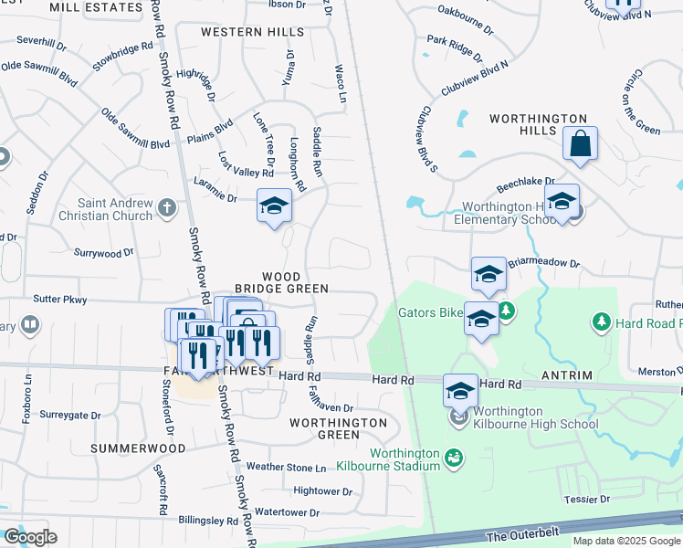 map of restaurants, bars, coffee shops, grocery stores, and more near 1704 Woodbluff Drive in Powell