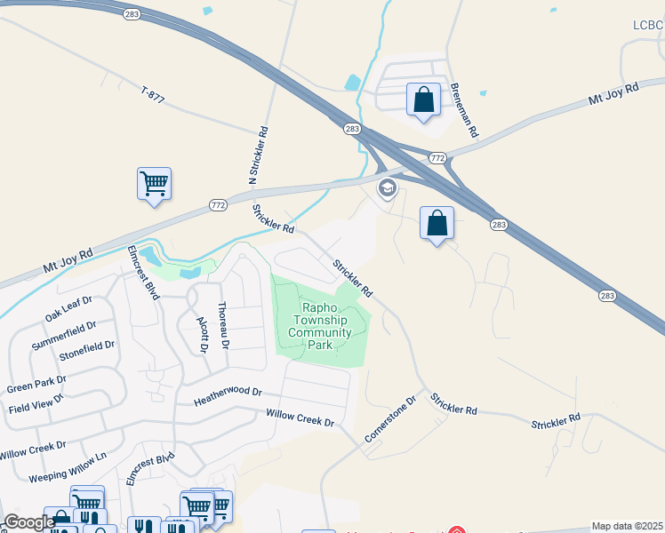 map of restaurants, bars, coffee shops, grocery stores, and more near 1806 Emerald Way in Mount Joy