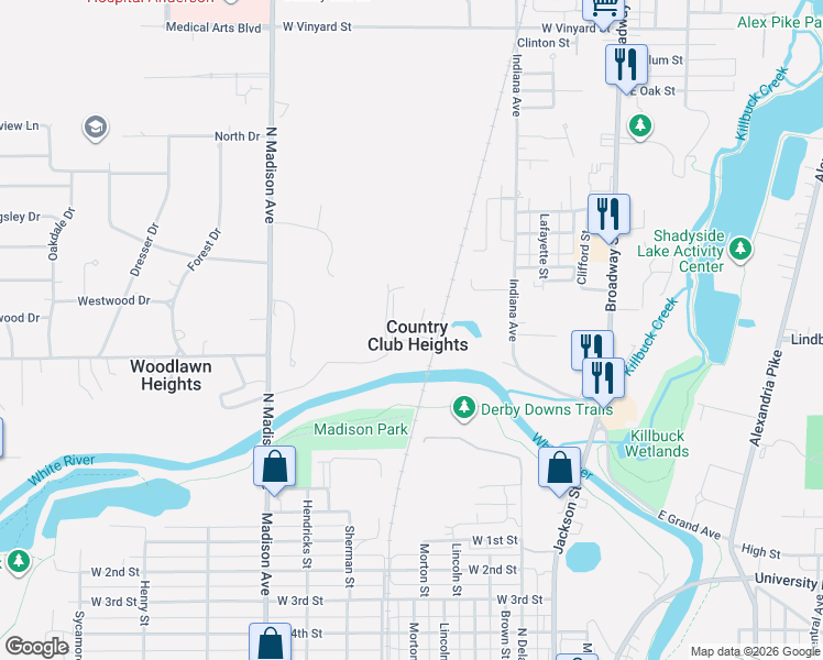 map of restaurants, bars, coffee shops, grocery stores, and more near 5 Wind Ridge Court in Country Club Heights