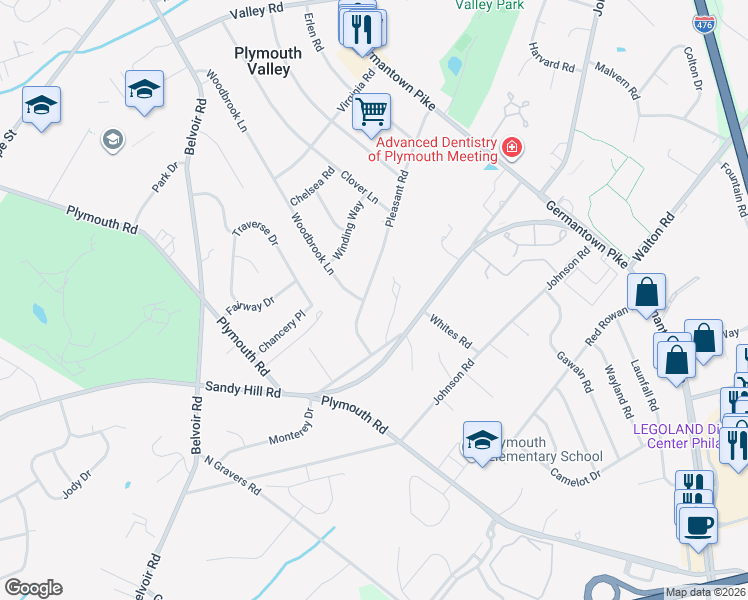 map of restaurants, bars, coffee shops, grocery stores, and more near 132 Pleasant Road in Plymouth Meeting