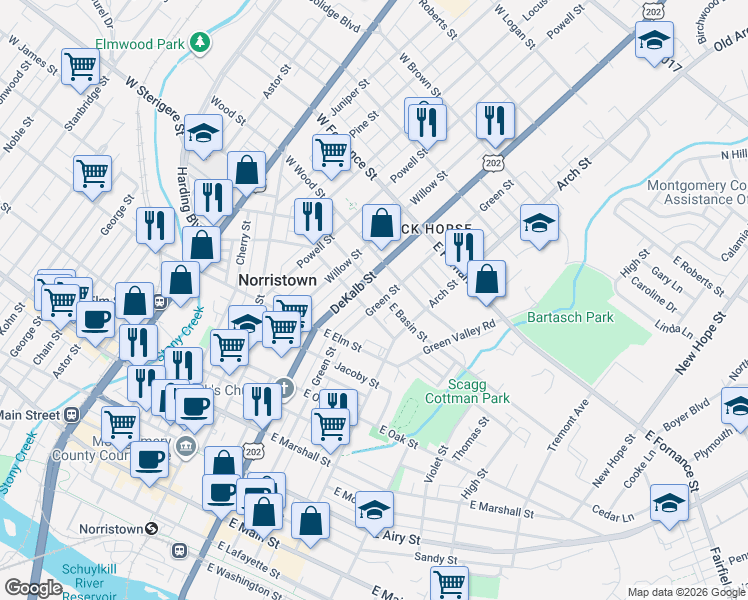 map of restaurants, bars, coffee shops, grocery stores, and more near 1101 Green Street in Norristown