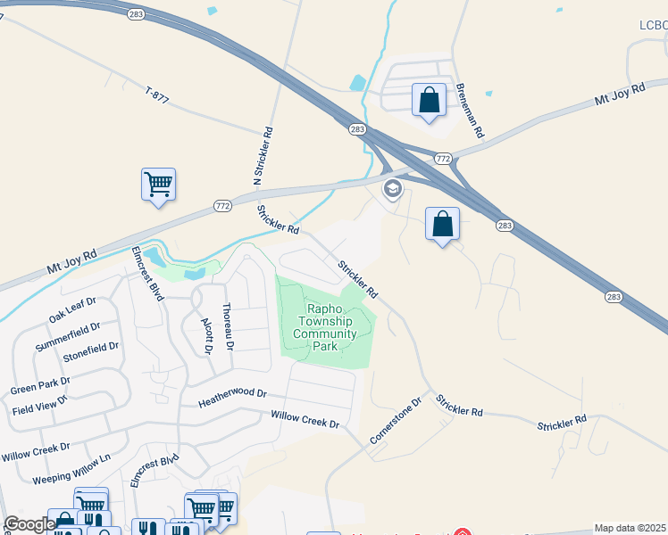 map of restaurants, bars, coffee shops, grocery stores, and more near 1806 Emerald Way in Mount Joy