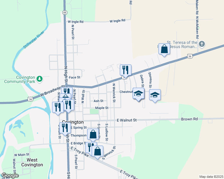 map of restaurants, bars, coffee shops, grocery stores, and more near 301 North Wenrick Street in Covington