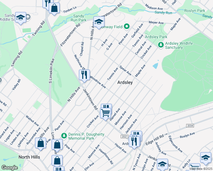 map of restaurants, bars, coffee shops, grocery stores, and more near 705 Tennis Avenue in Glenside