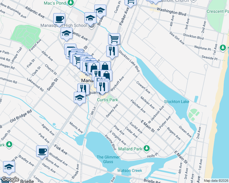 map of restaurants, bars, coffee shops, grocery stores, and more near 234 East Main Street in Manasquan