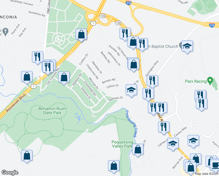 map of restaurants, bars, coffee shops, grocery stores, and more near 2757 Clifton Drive in Bensalem