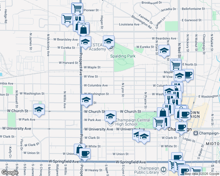 map of restaurants, bars, coffee shops, grocery stores, and more near 705 West Columbia Avenue in Champaign