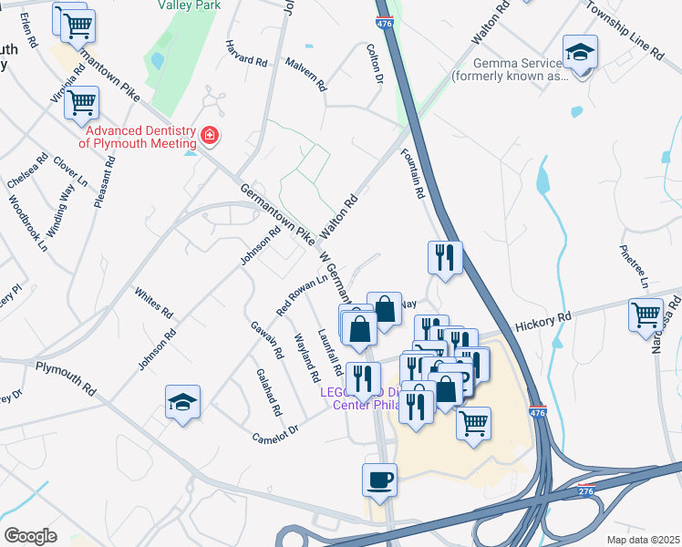 map of restaurants, bars, coffee shops, grocery stores, and more near 676 West Germantown Pike in Plymouth Meeting