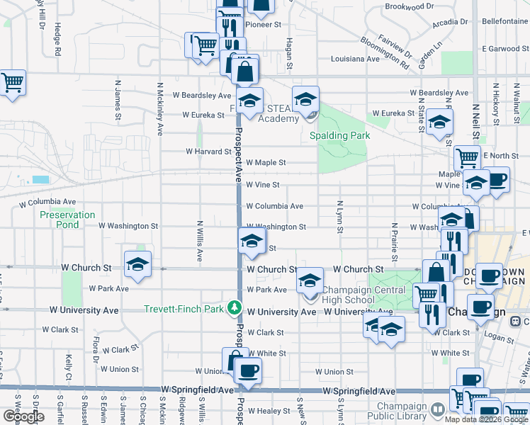 map of restaurants, bars, coffee shops, grocery stores, and more near 502 North Prospect Avenue in Champaign