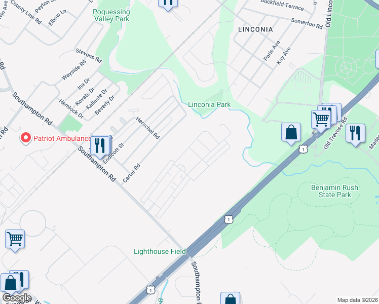 map of restaurants, bars, coffee shops, grocery stores, and more near 2672 Honeysuckle Lane in Philadelphia