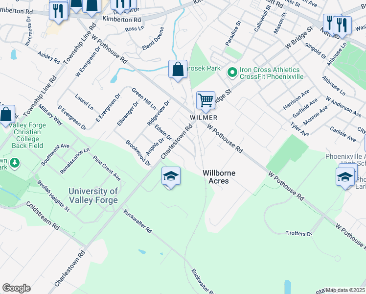 map of restaurants, bars, coffee shops, grocery stores, and more near 8 Rosewood Lane in Phoenixville