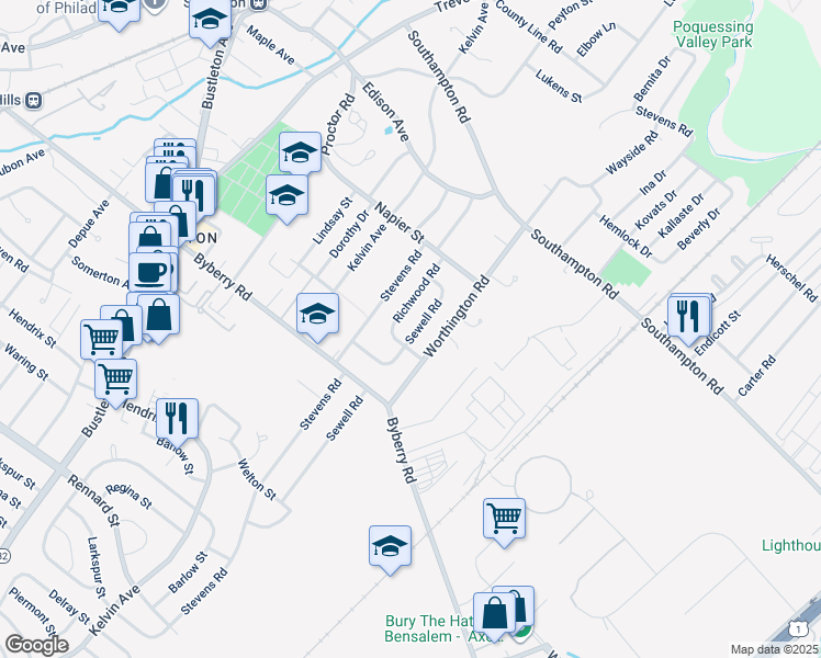 map of restaurants, bars, coffee shops, grocery stores, and more near 13028 Sewell Road in Philadelphia