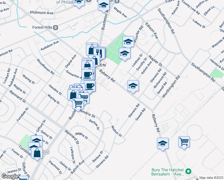 map of restaurants, bars, coffee shops, grocery stores, and more near 770 Byberry Road in Philadelphia