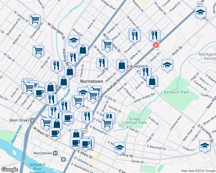 map of restaurants, bars, coffee shops, grocery stores, and more near 1023 U.S. 202 in Norristown