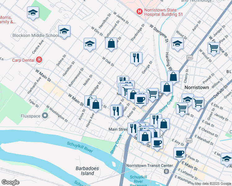 map of restaurants, bars, coffee shops, grocery stores, and more near 560 Kohn Street in Norristown