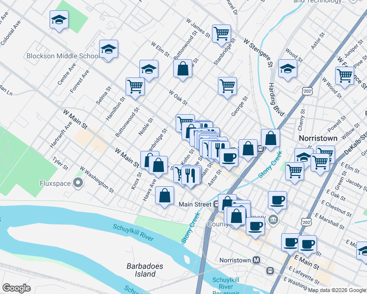 map of restaurants, bars, coffee shops, grocery stores, and more near 560 Kohn Street in Norristown