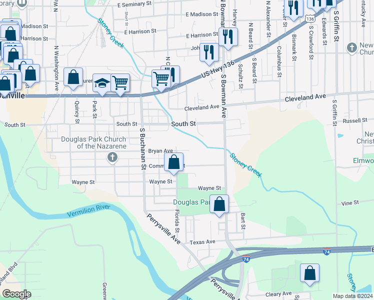 map of restaurants, bars, coffee shops, grocery stores, and more near 814 Bryan Avenue in Danville