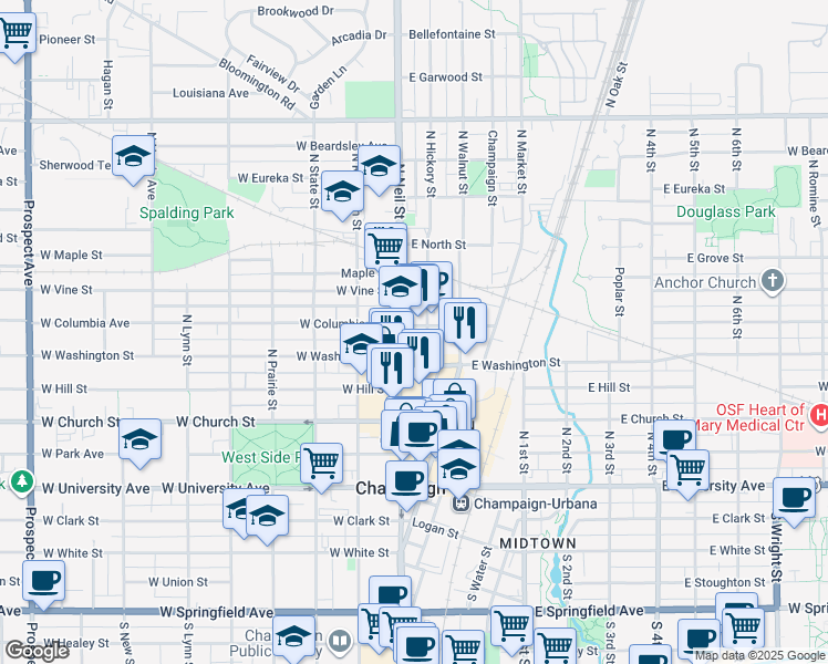 map of restaurants, bars, coffee shops, grocery stores, and more near 518 North Neil Street in Champaign