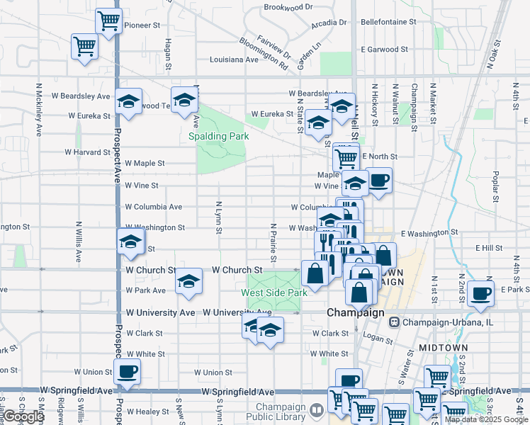 map of restaurants, bars, coffee shops, grocery stores, and more near 408 West Washington Street in Champaign
