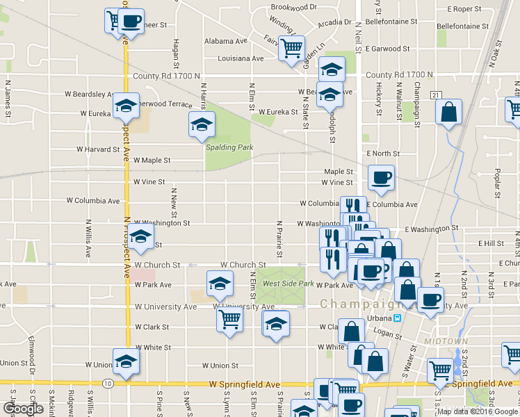 map of restaurants, bars, coffee shops, grocery stores, and more near 408 West Washington Street in Champaign