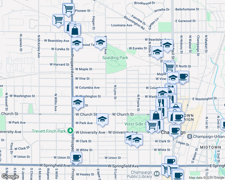 map of restaurants, bars, coffee shops, grocery stores, and more near 606 West Washington Street in Champaign