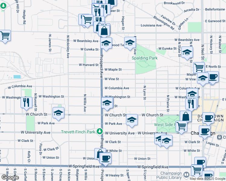 map of restaurants, bars, coffee shops, grocery stores, and more near 502 North Prospect Avenue in Champaign