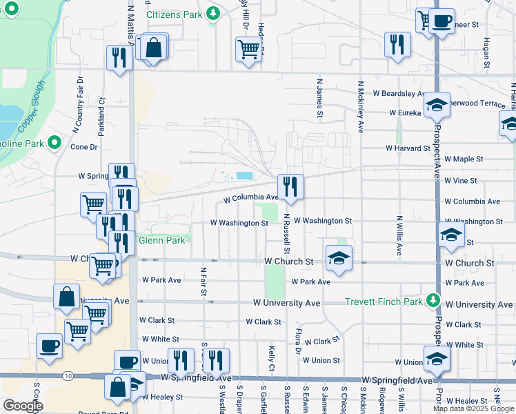 map of restaurants, bars, coffee shops, grocery stores, and more near 1312 West Washington Street in Champaign
