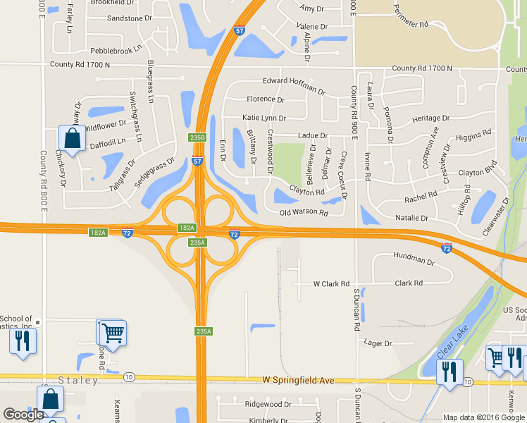 map of restaurants, bars, coffee shops, grocery stores, and more near 3305 Old Warson Road in Champaign