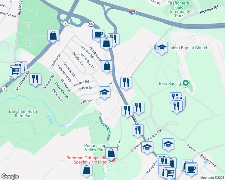 map of restaurants, bars, coffee shops, grocery stores, and more near 2949 Bellview Drive in Bensalem