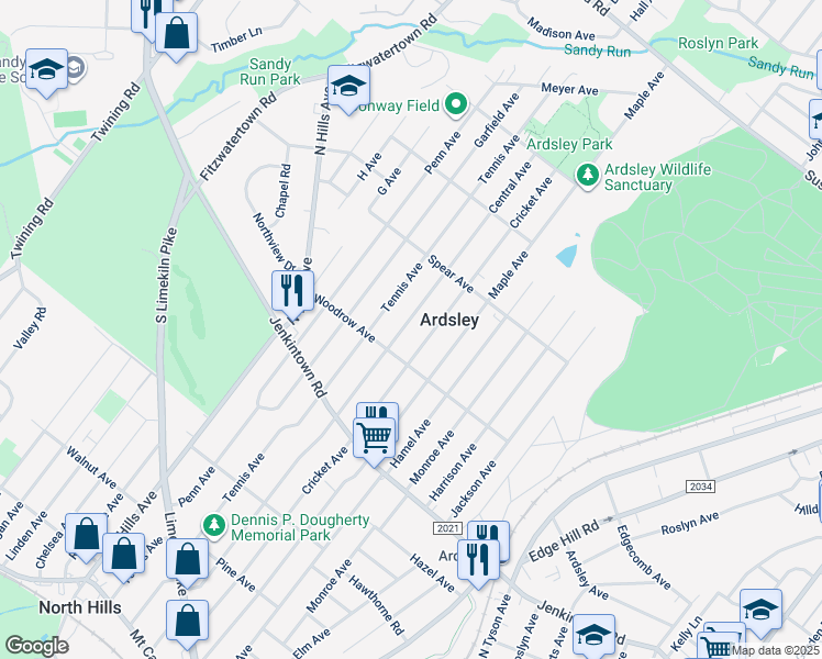 map of restaurants, bars, coffee shops, grocery stores, and more near 725 Central Avenue in Glenside
